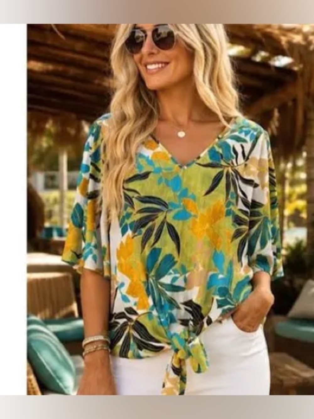 Chico's Floral Tie-Front Tunic — Teal, Mustard & Olive